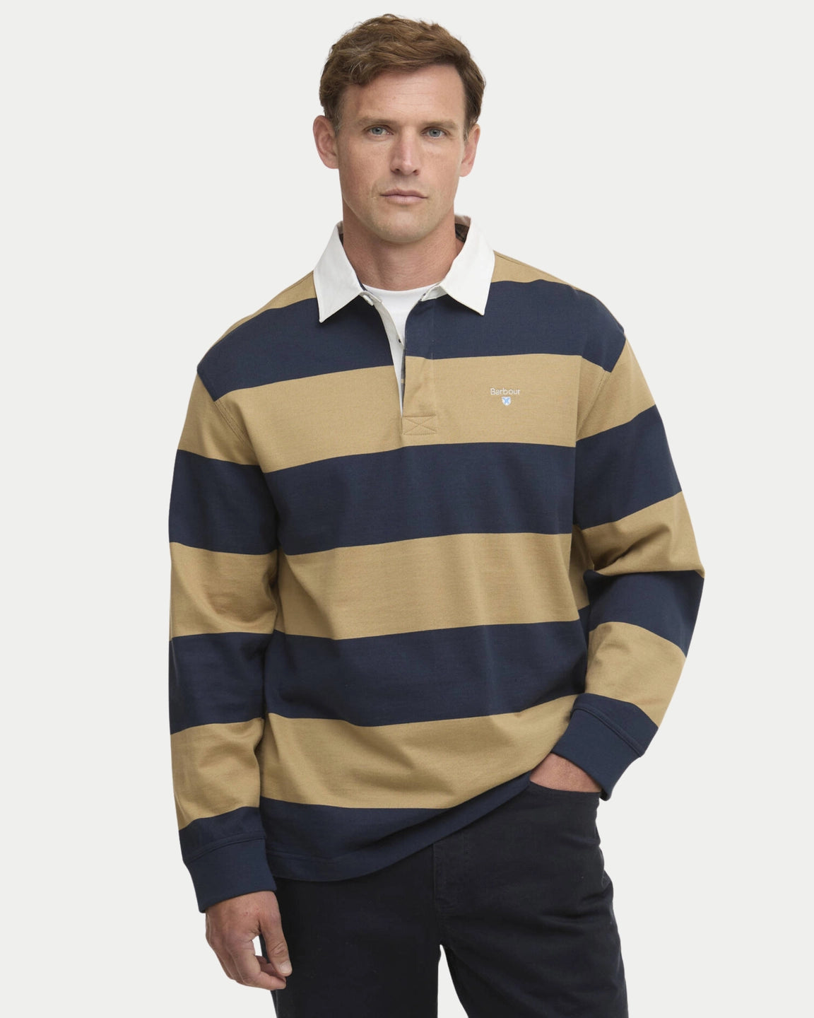 Barbour Broome Rugby Shirt Navy/Trench — Zacht katoen | Stuen Store Tilburg