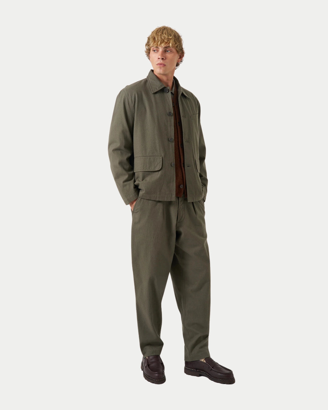 Universal Works Frank Jacket Brushed Moleskin Olive, Groene jassen | Stuen Store Tilburg