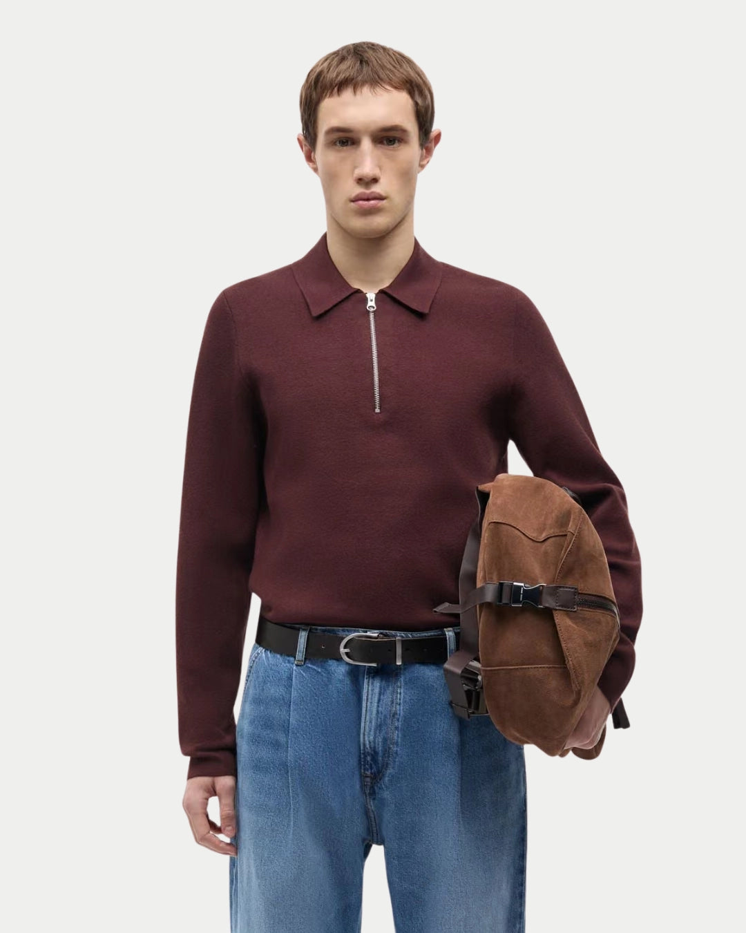 Samsøe Samsøe Guna Half Zip Bitter Chocolate, Regular fit bruine sweater van viscose | Stuen Store Tilburg