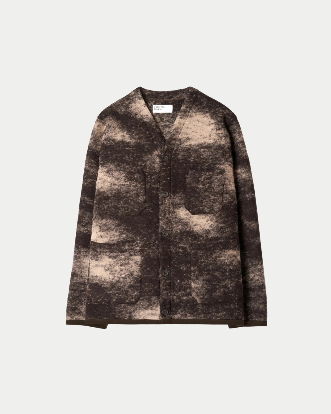 Universal Works Knit Cardigan Cloud Camo Brown, Bruine jas | Stuen Store Tilburg