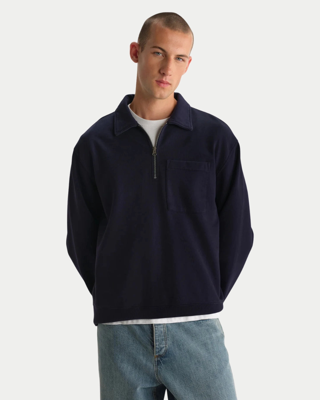 Wax London Reeve Quarter Zip Sweatshirt Washed Navy, Blauwe sweater van biologisch katoen | Stuen Store Tilburg