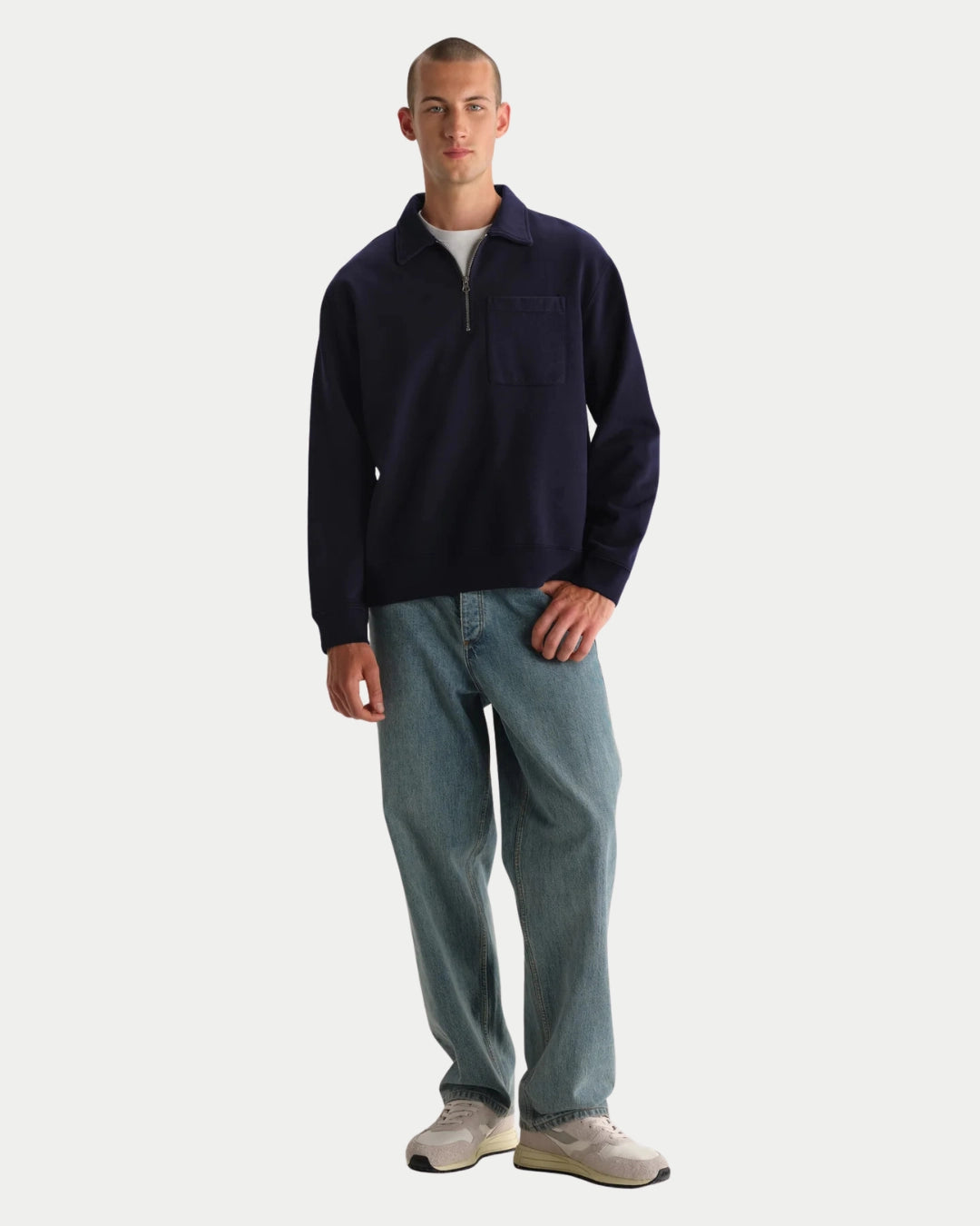 Wax London Reeve Quarter Zip Sweatshirt Washed Navy, Blauwe sweater van biologisch katoen | Stuen Store Tilburg