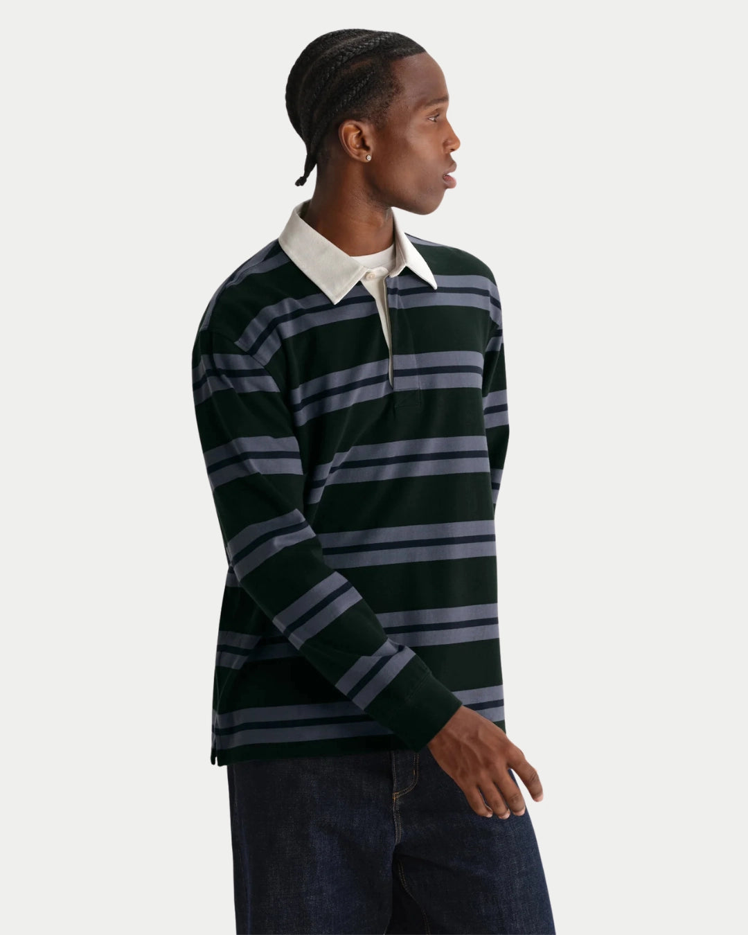 Wax London Rowhill Rugby Stripe Bottle Green/Blue, Blauwe sweater van zwaar katoen | Stuen Store Tilburg