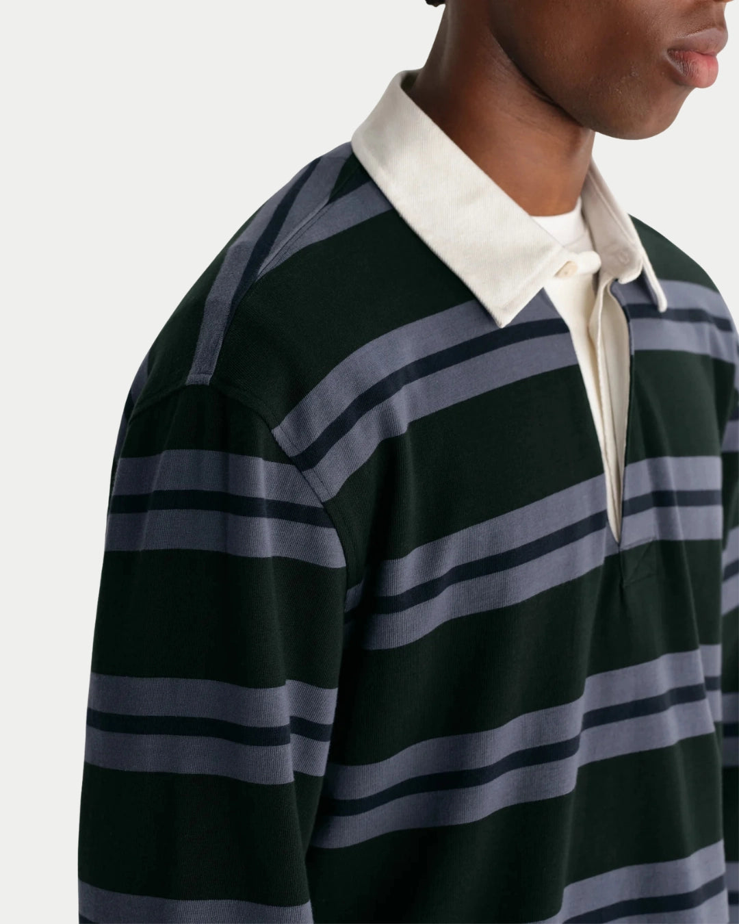 Wax London Rowhill Rugby Stripe Bottle Green/Blue, Blauwe sweater van zwaar katoen | Stuen Store Tilburg