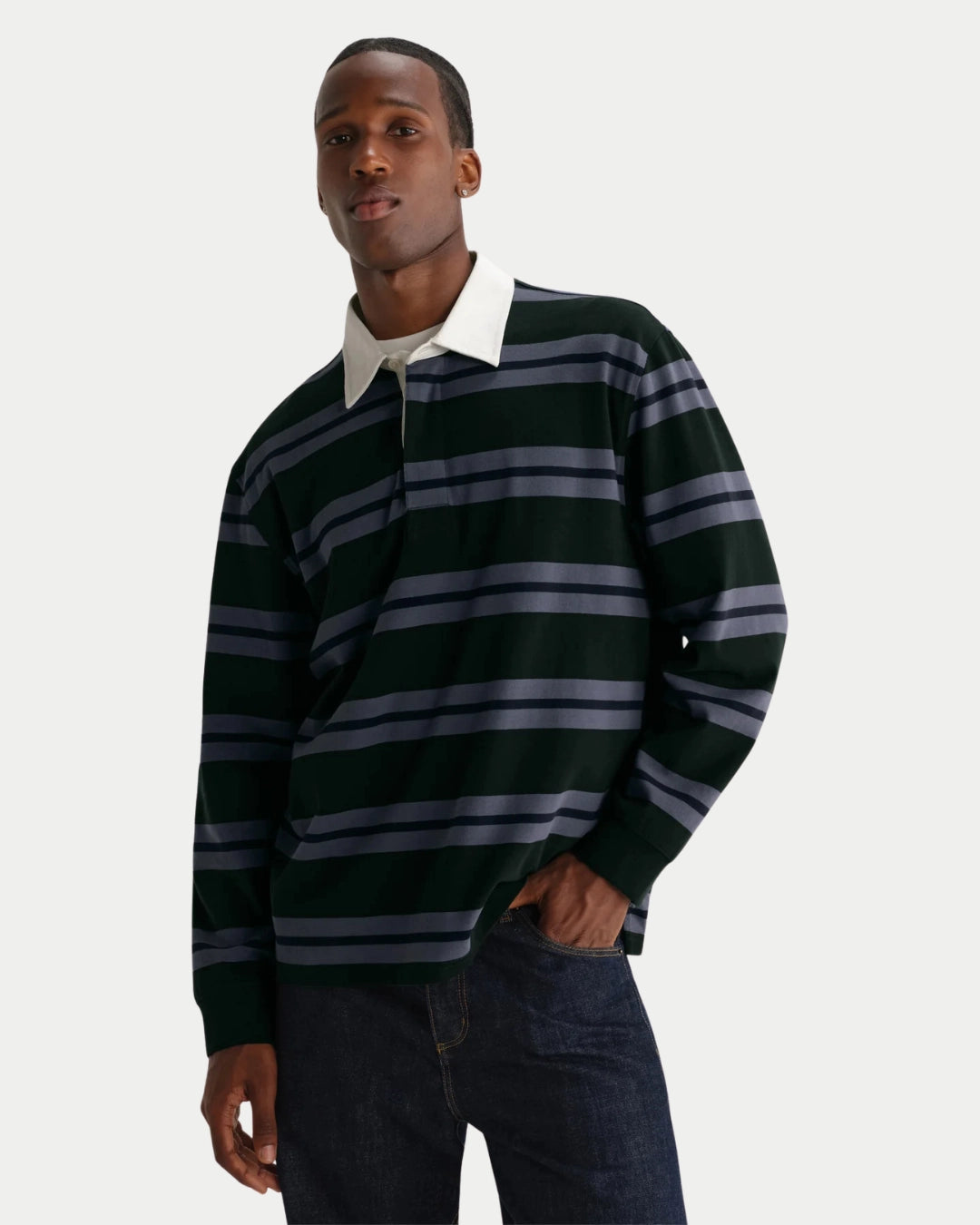Wax London Rowhill Rugby Stripe Bottle Green/Blue, Blauwe sweater van zwaar katoen | Stuen Store Tilburg