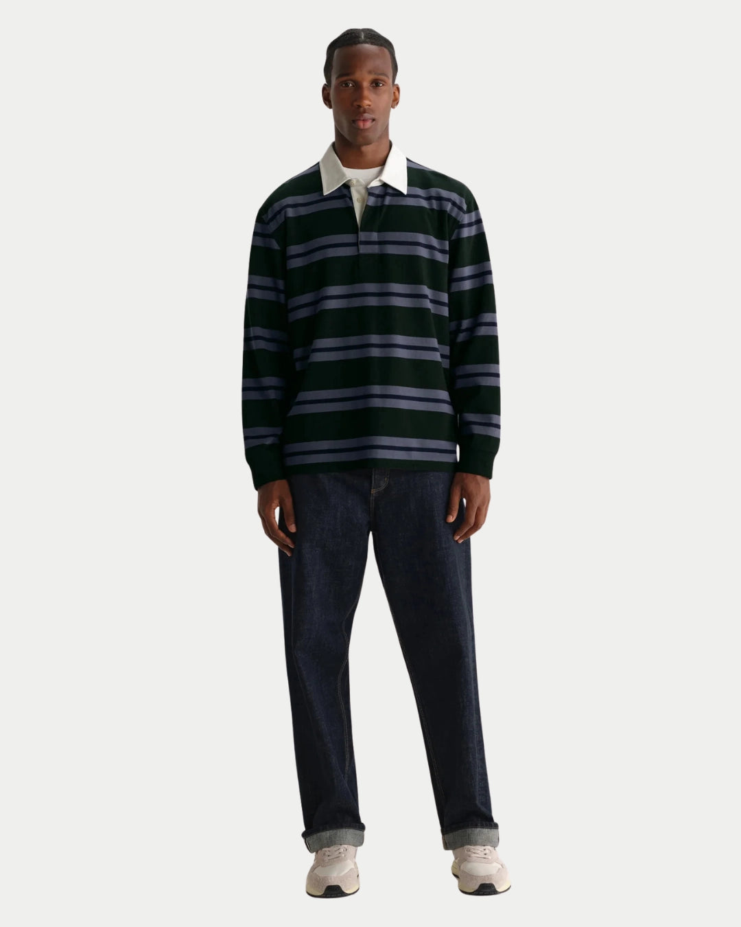 Wax London Rowhill Rugby Stripe Bottle Green/Blue, Blauwe sweater van zwaar katoen | Stuen Store Tilburg