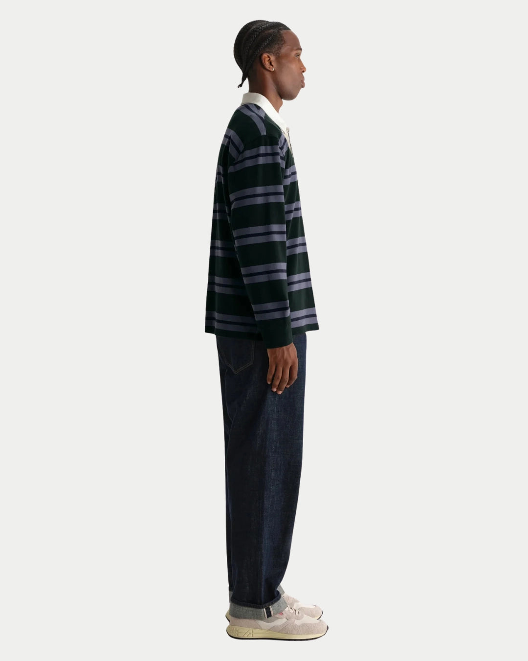 Wax London Rowhill Rugby Stripe Bottle Green/Blue, Blauwe sweater van zwaar katoen | Stuen Store Tilburg