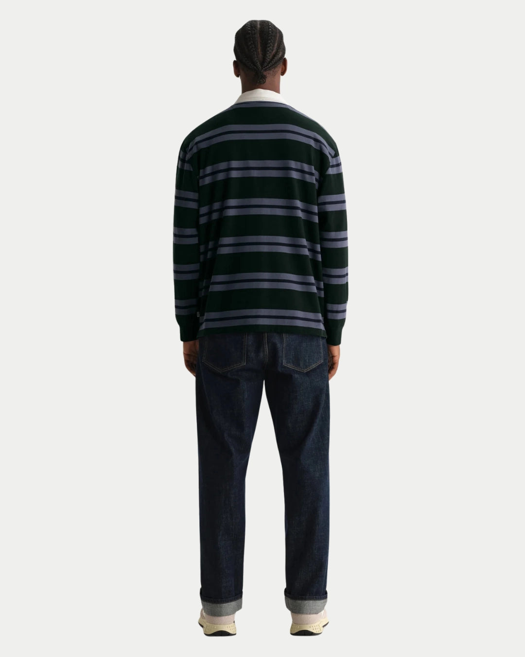 Wax London Rowhill Rugby Stripe Bottle Green/Blue, Blauwe sweater van zwaar katoen | Stuen Store Tilburg