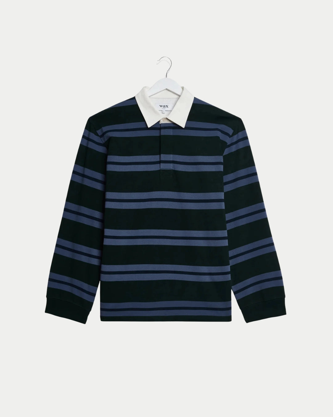 Wax London Rowhill Rugby Stripe Bottle Green/Blue, Blauwe sweater van zwaar katoen | Stuen Store Tilburg