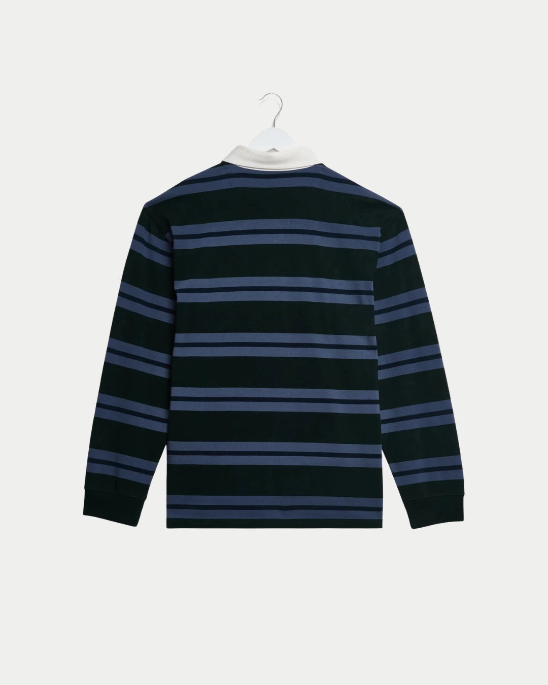 Wax London Rowhill Rugby Stripe Bottle Green/Blue, Blauwe sweater van zwaar katoen | Stuen Store Tilburg