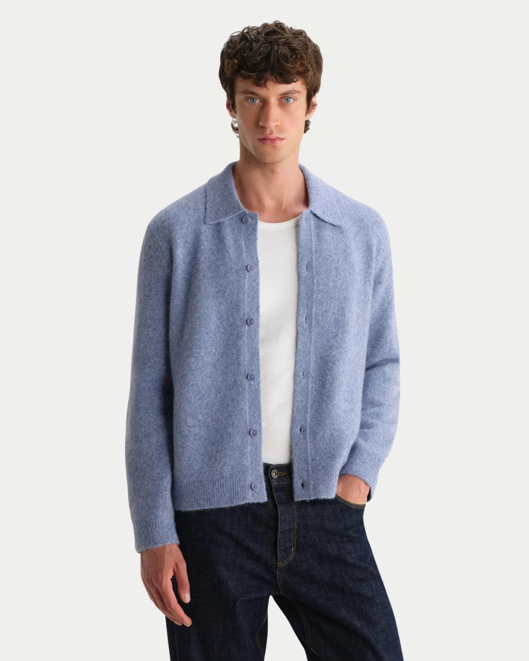 Wax London Tristan Fluffy Wool Cardigan Pale Blue, Blauwe overshirt | Stuen Store Tilburg
