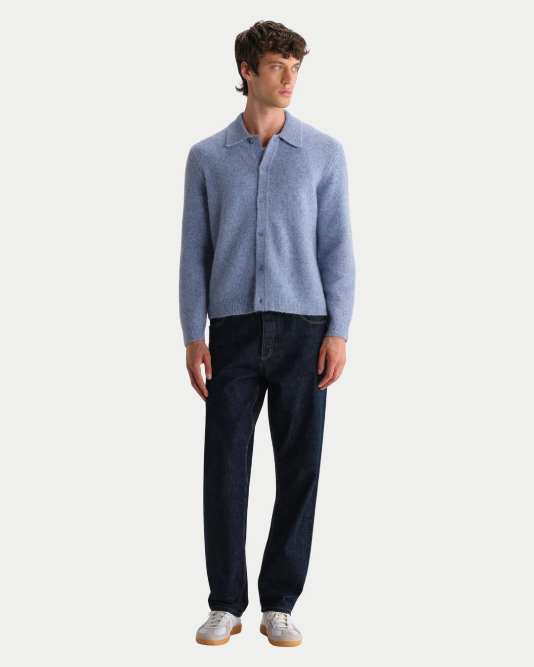 Wax London Tristan Fluffy Wool Cardigan Pale Blue, Blauwe overshirt | Stuen Store Tilburg