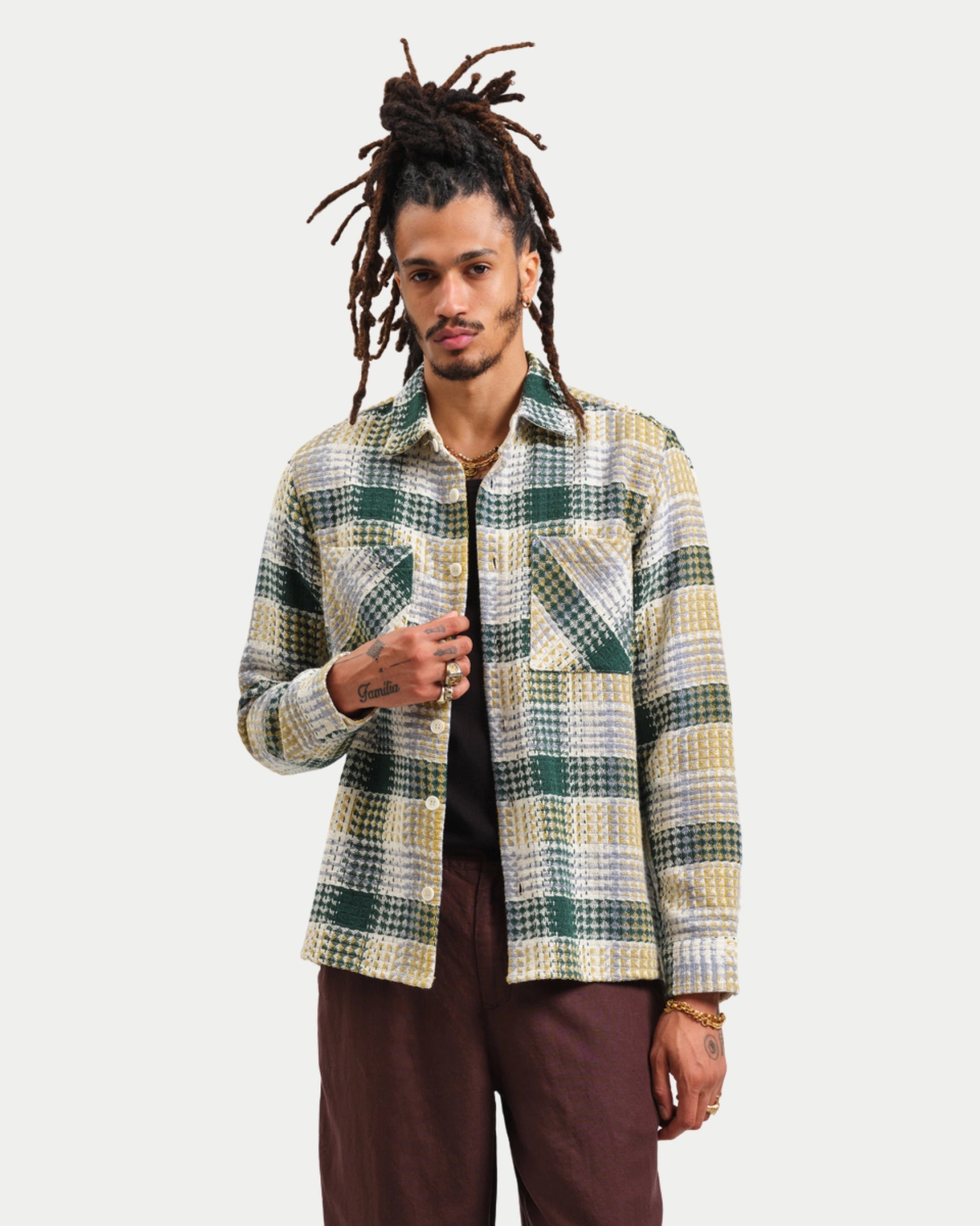 Whiting Overshirt Addle Check Ecru Green