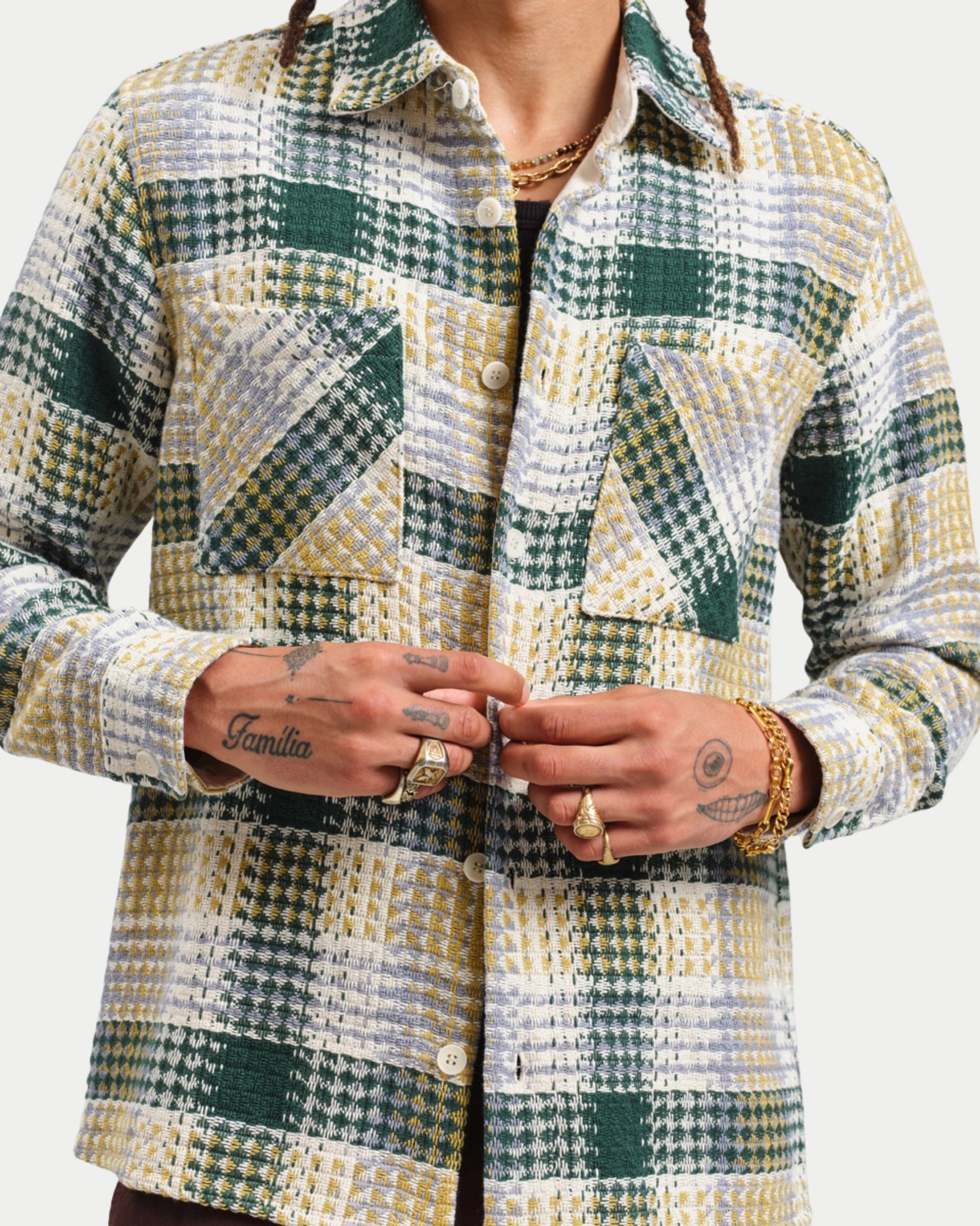 Whiting Overshirt Addle Check Ecru Green