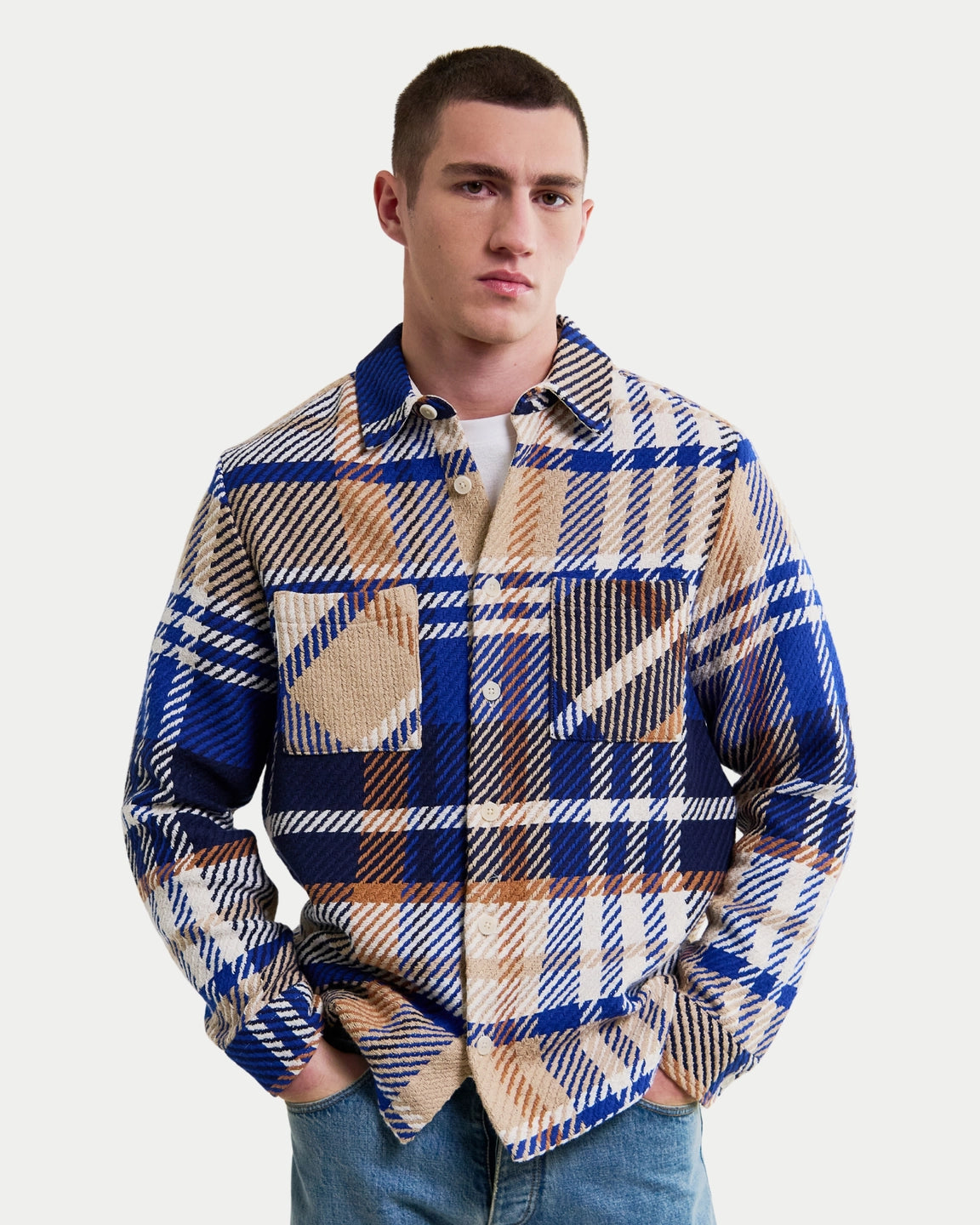 Wax London Whiting Overshirt Bold Check Blue/Tan - Stuen Store Tilburg | De beste herenkleding en -accessoires