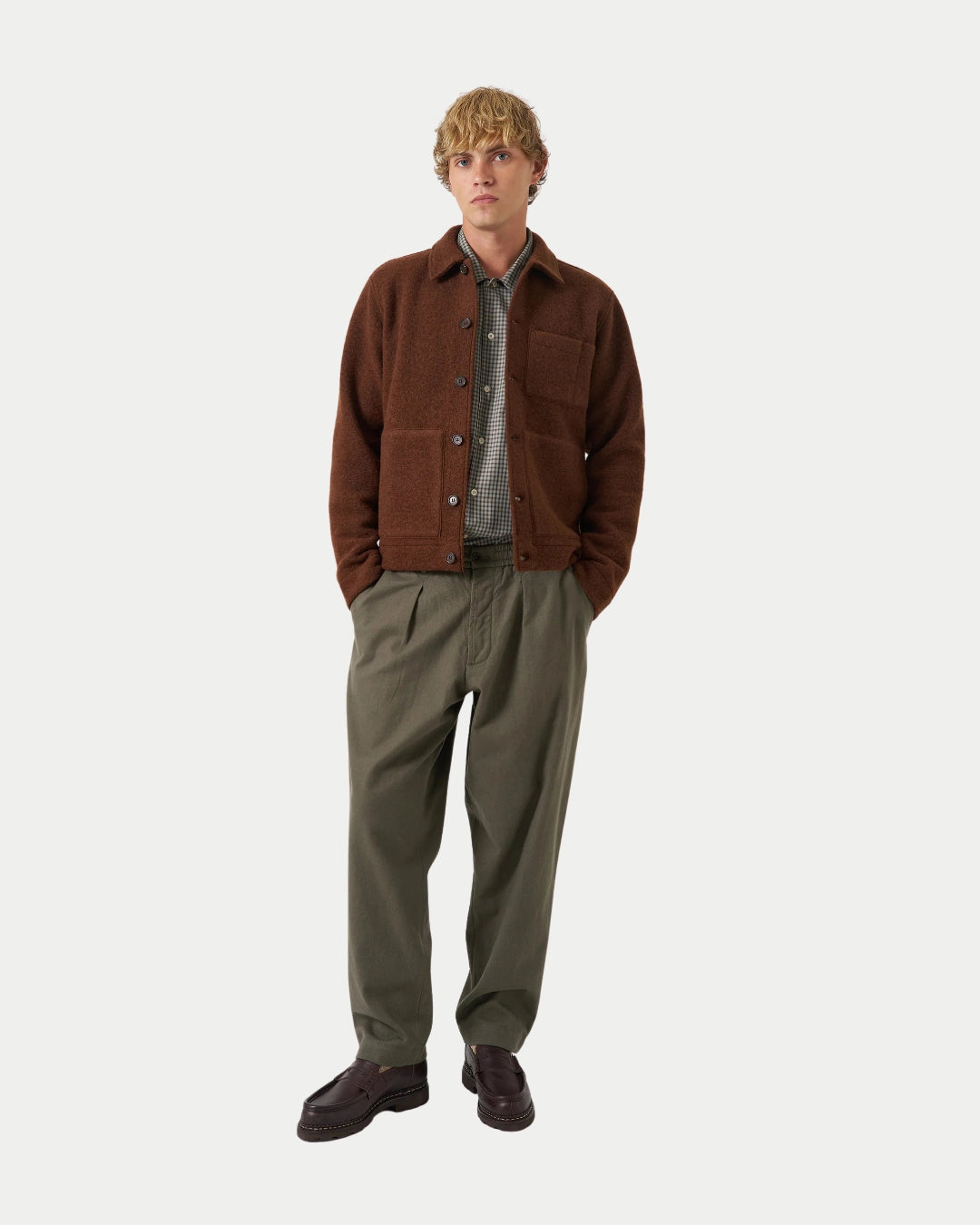 Universal Works Wool Fleece Uniform Jacket Cacao, Bruine jas | Stuen Store Tilburg