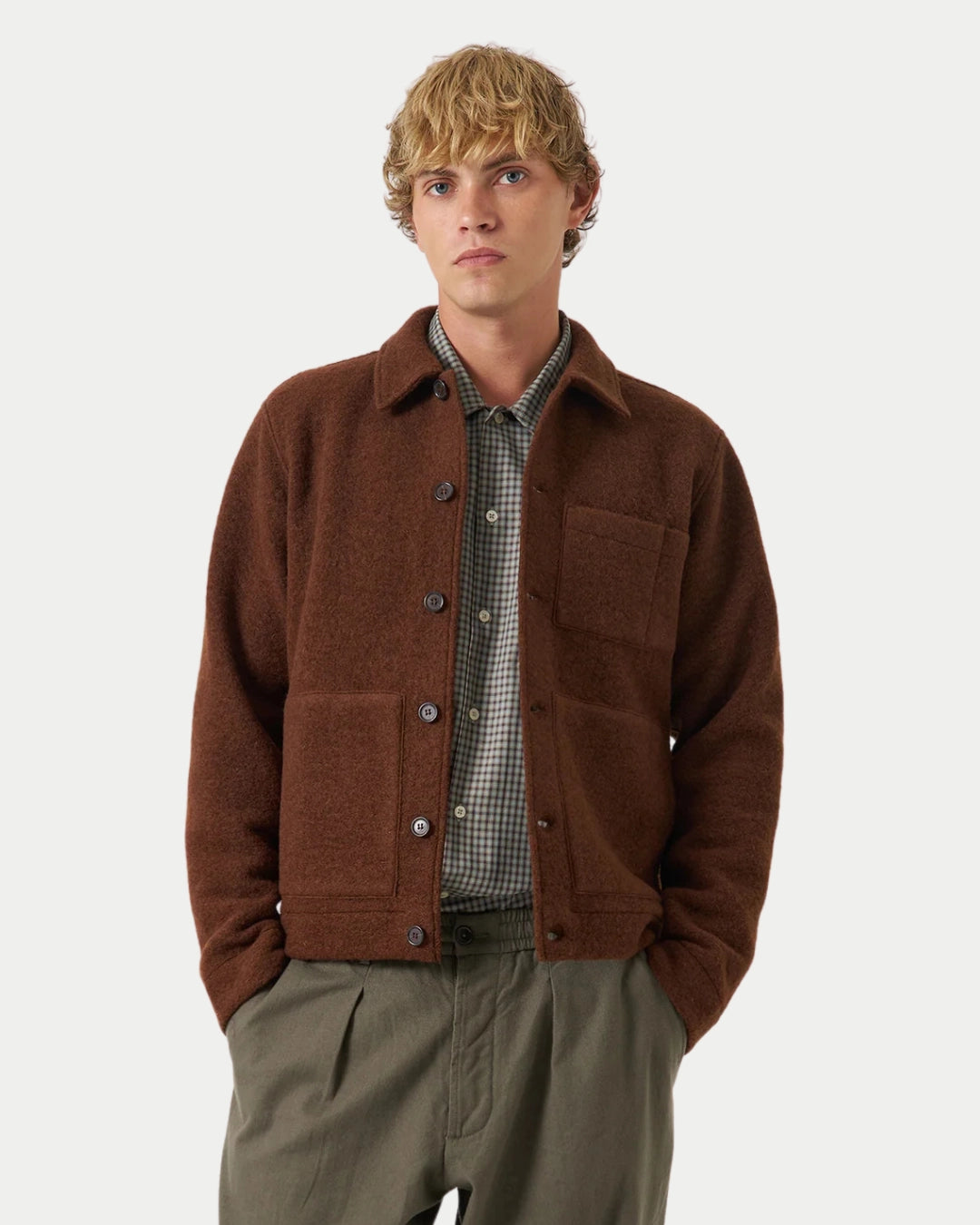 Universal Works Wool Fleece Uniform Jacket Cacao, Bruine jas | Stuen Store Tilburg