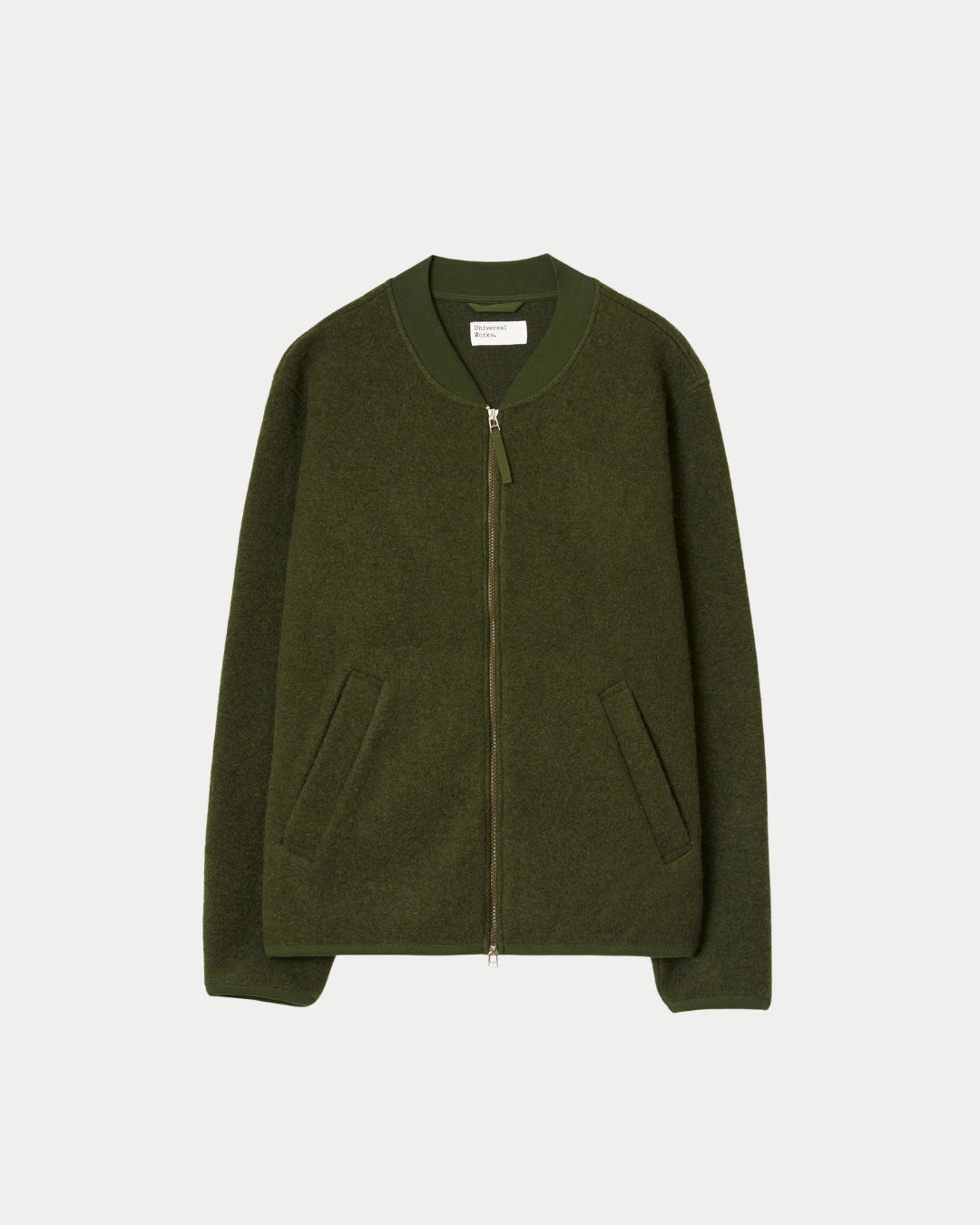 Universal Works Wool Fleece Zip Bomber Olive, Groene jas | Stuen Store Tilburg